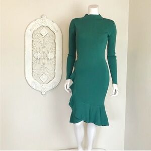Gianni Bini Stretch Knit Green Ruffle Dress S